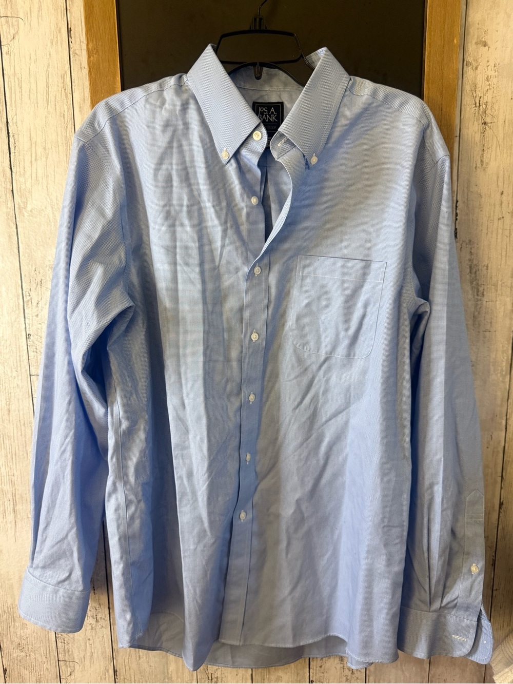 Jos A Bank Dress Shirt Mens 17 35 Blue Plaid Button Up Slim Fit Traveler Cotton